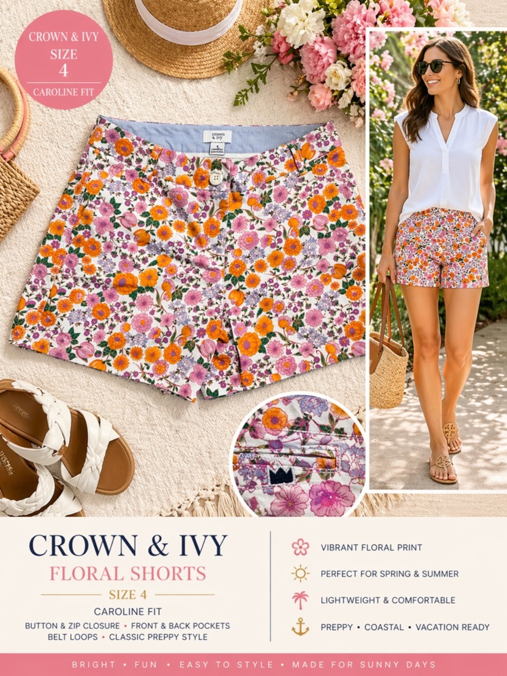 crown & ivy Pink and Orange Floral High-Waist Women's Shorts